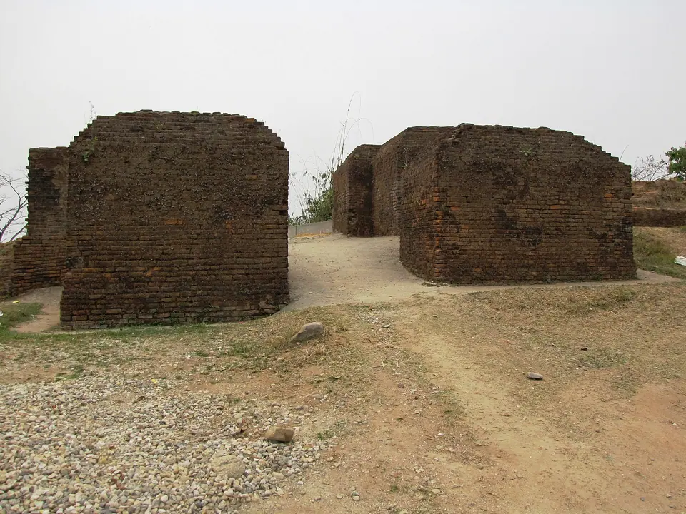 Two brick bastions of the 14th–15th century Ita Fort on a hilltop in Itanagar