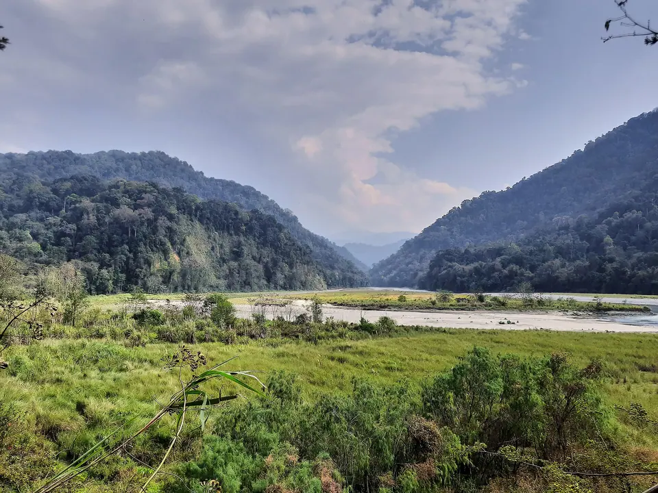 The Noa Dihing river winding out of forested hills into grassland in Namdapha National Park