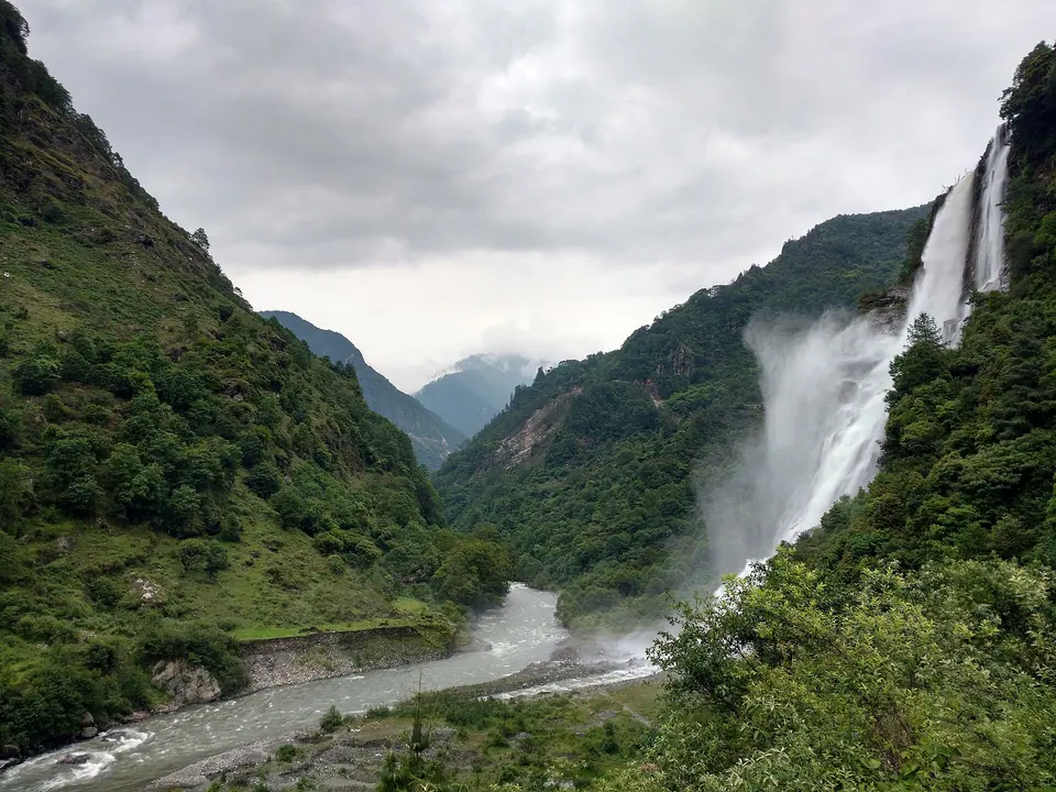 Nuranang Falls pouring into the Tawang Chu valley under grey clouds, Jang, Arunachal